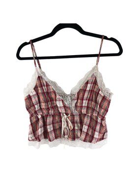 American Eagle Womens Babydoll Red & White Plaid Crop Top Cami Lace Trim Size M